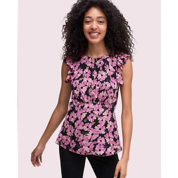 Kate Spade Wallflower Chiffon Blouse Silk Flutter Sleeve Floral Pink 2 Fairy - Picture 1 of 16